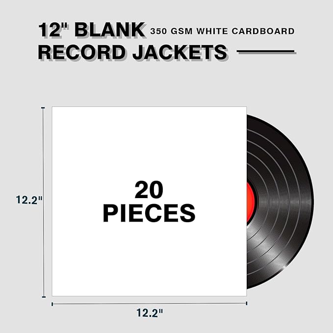20PCS White 12-Inch LP Vinyl Record Jackets, 350gsm Cardboard Sleeves with No Center Hole, Blank Album Covers for 33 RPM Storage & Protection, Thick LP Jackets for Record Storage