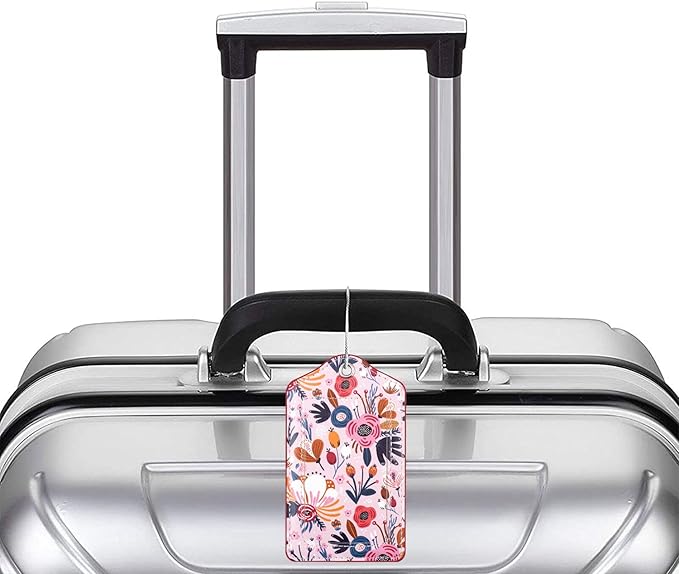 (Set of 2) Luggage Tag Leather Privacy Cover ID Label Address Card with Stainless Steel Loop, Travel Bag Tags Suitcase Labels, Pink Flowers