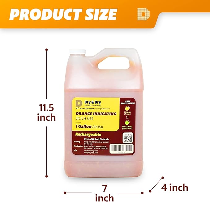 "Dry & Dry" [15 LBS] Premium Orange Indicating Silica Gel Desiccant Beads(Industry Standard 3-5 mm) - Rechargeable(2 Gallon)