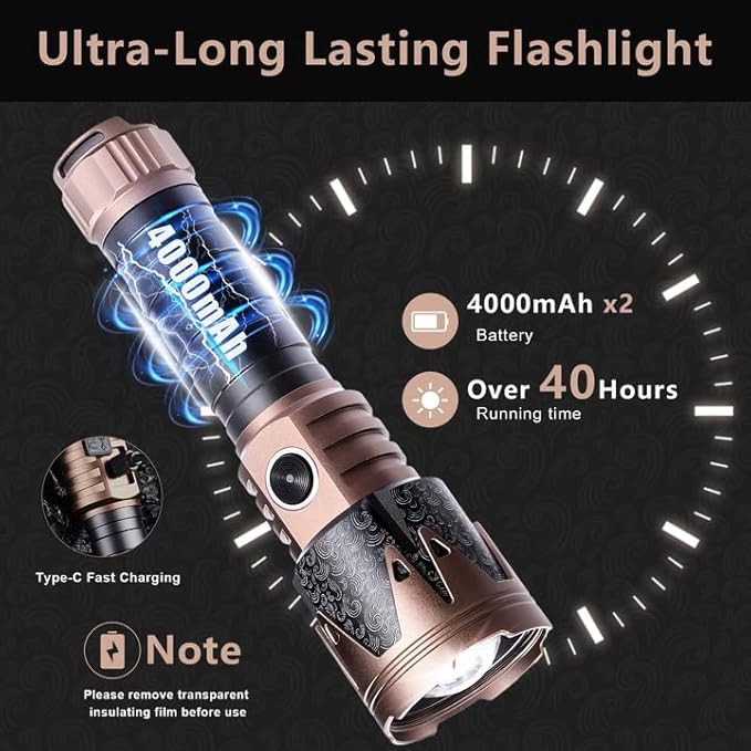 SKYFIRE Rechargeable Flashlights High Lumens 2 Pack with Ignition Lens,8000mAh Mini Bright Tactical Torch with 6 Modes Waterproof Zoomable LED Flash Light for Camping Essentials Outdoor Home Emergency