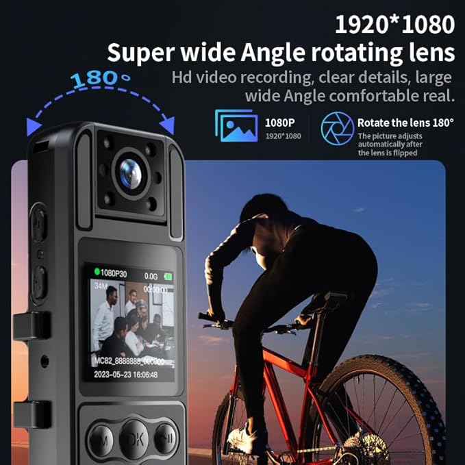 128G Body Cam with 180°Rotating Lens,Bike Camera with Audio and Video Recording,Sport Camera with 6hrs Battery,Night Vision,Wearable Cam for Pet,Office,Security Police Law Enforcement (H82-1080-128G)