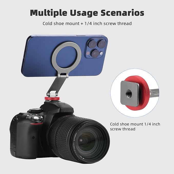 BRDRC Cold Shoe Phone Mount Holder, Tripod Mount for iPhone Magsafe Magnetic Hot Shoe Camera Adapter with 1/4" Screw Hole for DJI Ronin Samsung Canon Nikon DSLR Photography Accessories