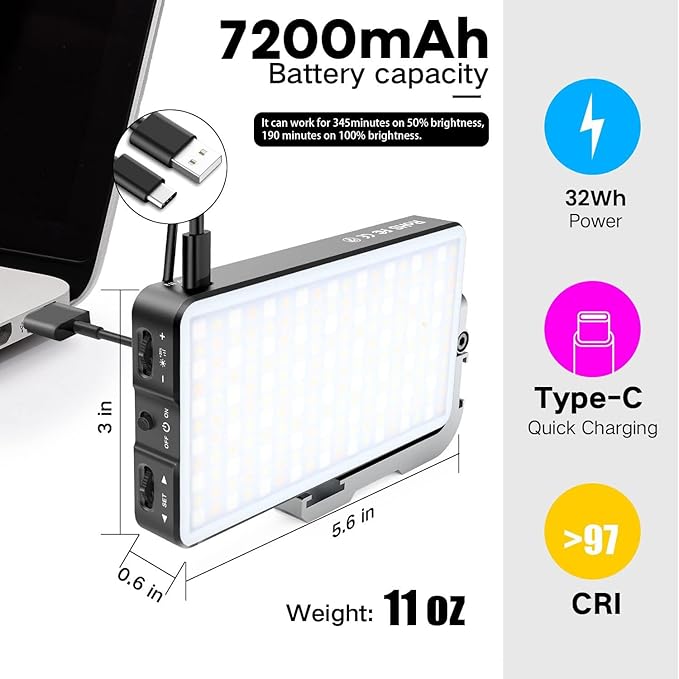 G2 Pocket RGB Camera Light,Built-in 7200mAh Rechargeable Battery 360°Full Color Gamut 9 Light Effects,2600-10000K LED Video Light Panel with Aluminum Alloy Body, Adjustable Tripod Stand