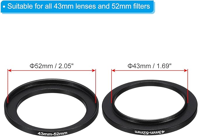 PATIKIL 43mm-52mm Metal Step Up Ring with Cleaning Cloth, 2 Pack Camera Lens Filter Adapter Ring Aluminum Filter Adapter Ring for Camera Lenses Hood, Black