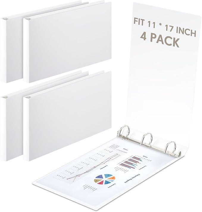 Humyoun 4 Pcs 11 x 17 Inch 3 Ring Binders 3 Inch Rings Heavy Duty View Plastic Flexible D Ring Binders Economy Holds 11" x 17" Paper for Artwork Blueprints, Office, Home, Work Places(White)