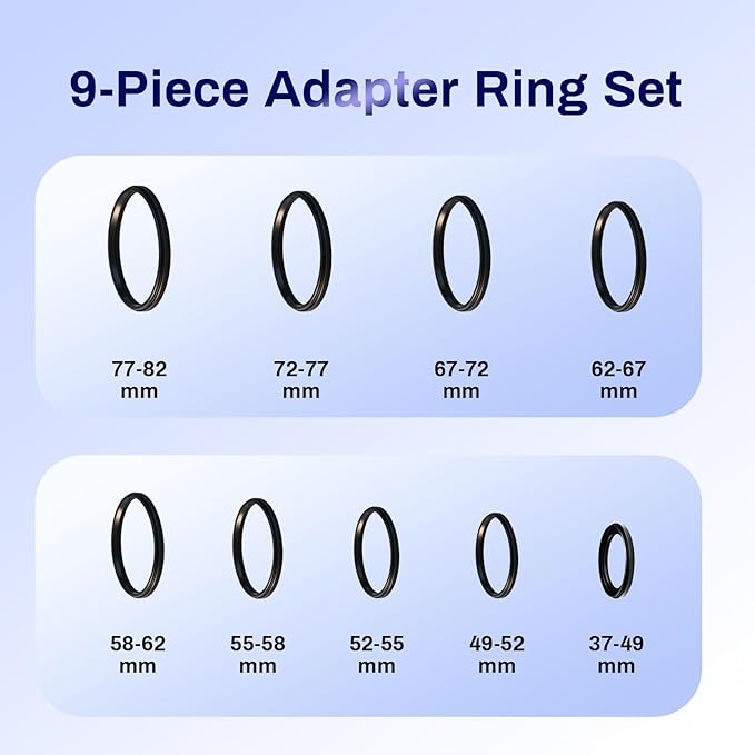 37-82mm Step Up Ring Adapter Filter, Metal Camera Lens Filter Adapter Ring Set Universal Black Stepping Rings Fits 37mm Lens to 82mm UV/CPL/ND Filters (9PCS Step Up Rings(37-82))