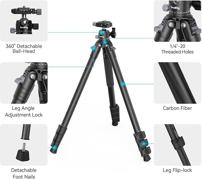 SmallRig AP-10 Carbon Fiber Tripod, 52.4" Lightweight Compact Camera Tripod with Detachable Monopod, 360° Ball Head, Quick Release Plate, Payload 26.5 lbs, for Canon for Sony, DSLR Camera, Phone-4060