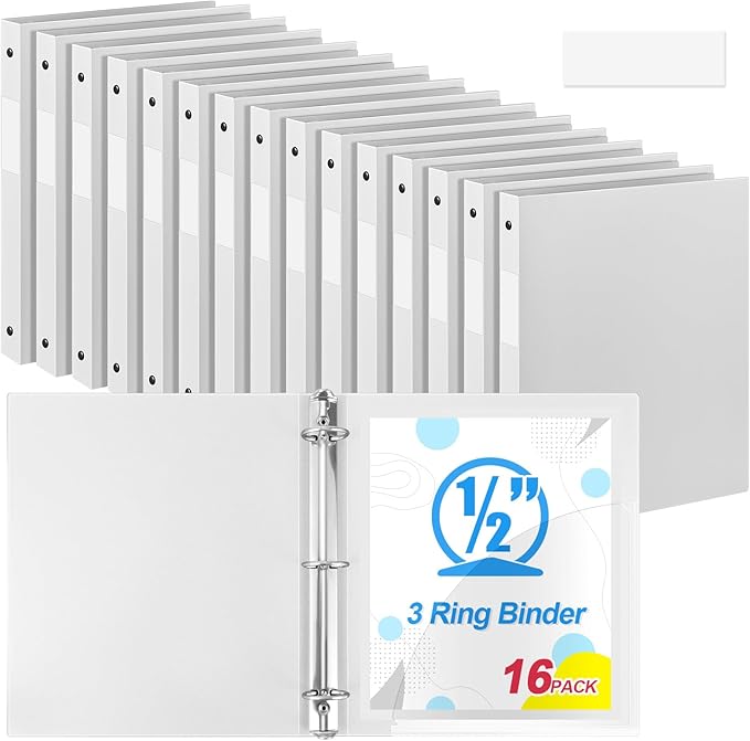 Henoyso 16 Pcs 3 Ring Binder 1/2'' Round Fits Letter Size 8.5'' x 11'' Paper Plastic Flexible Binder Holds 140 Sheets with 1 Pockets Versatile Organizer for Home Office School (White)