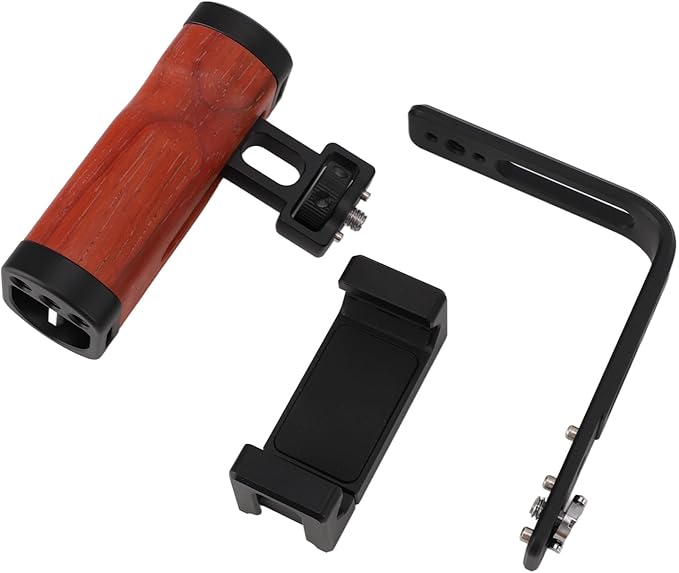 Phone Camera Rig Hand Grip, Wooden Handle with Adjustable L Plate, Cold Shoe Mounts, for, for iOS Smartphones