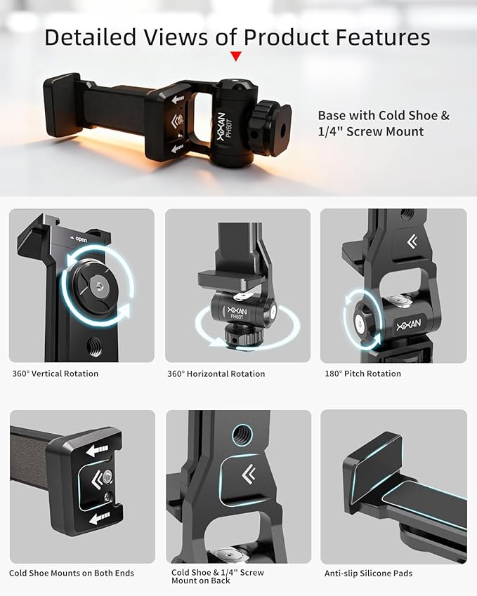 Metal Phone Tripod Mount Adapter, Smartphone Holder Clamp Support Stand with Cold Shoe, Compatible with iPhone, Samsung on Tripod, Camera, Gimbal, Selfie Stick for Live Streaming, Video Shooting