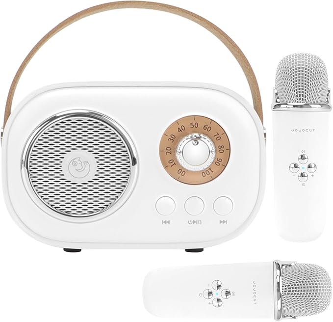 Mini Karaoke Machine for Kids,Portable Bluetooth Speaker with 2 Wireless Microphone,Toys for Girls Boys Gifts,Retro Speaker Set Stereo Sound Enhanced Bass for Home Party Birthday (White)