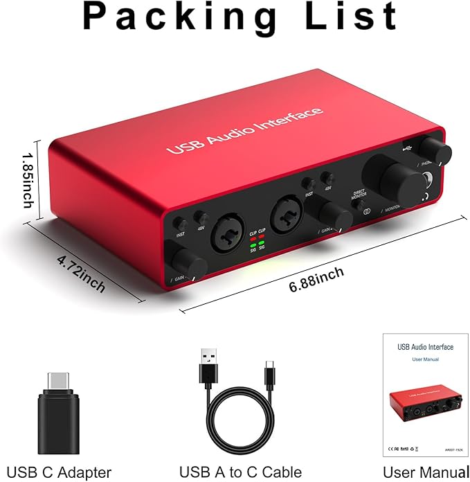 USB Audio Interface, 24Bit/192kHz Studio Recording, 48V Phantom Power, Zero-Latency Monitoring – Compatible with Mac/PC, DAWs, Ideal for Music Production, Podcasting & Voice Over