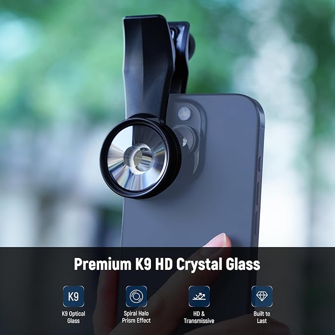 NEEWER 37mm Spiral Halo Prism Filter with Phone Clip, K9 Crystal Glass Effect Filter, Phone Camera Lens Accessories for 17mm Threaded Backplate Cage Case Compatible with iPhone Samsung Android, FL-100