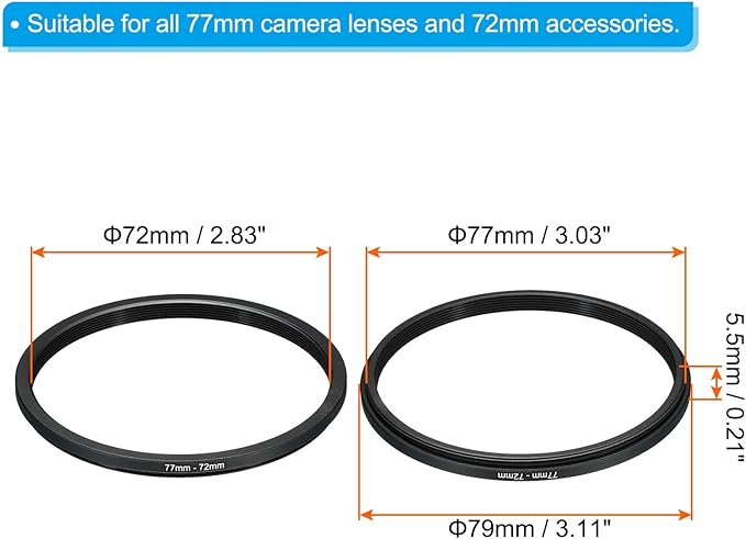 PATIKIL 77mm-72mm Metal Step Down Ring, Camera Lens Filter Adapter Ring Aluminum Filter Adapter Ring for Camera Lenses Hood, Black