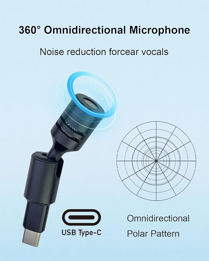 Mini USB C Condenser Microphone 90 Degree, Plug Play Mic with Type-C, Omnidirectional Condenser for DSLR Cameras Smartphones Tablets & Computers and for iPhone 17 16 15, Black