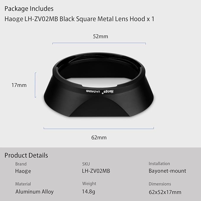 Haoge LH-ZV02MB Square Metal Lens Hood for Voigtlander Nokton 35mm f/1.4 II, 40mmF1.4 VM 50mm f1.5 II VM 28mm f1.5,Carl Zeiss 35mm f2 ZM,35mm f2.8 ZM, Planar T* 2/50 50mm f2 ZM Lens