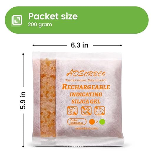 ADSorbco 50 Gram (16 Pack) Silica Gel Packets – Desiccant Packs for Storage, Reusable Moisture Absorbers with Color Change, Orange to Green, for Food, Electronics, Jewelry, Safes