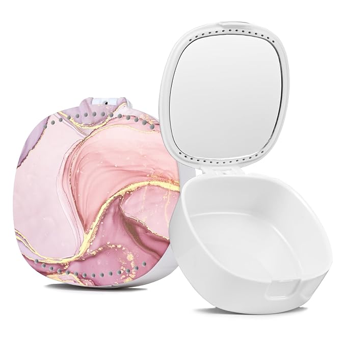 Retainer Case With Mirror and Ventilation Holes - Mouth Guard, Denture, Orthodontic Aligner, Night Guard - Pink Marble