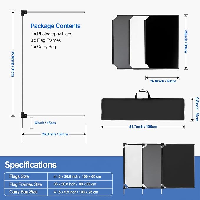 WELLMAKING 36x27'' Light Reflector Flag kit, 3-in-1 Portable Collapsible Diffuser for Photo Video Studio Shooting-Scrim, White and Black, Foldable Flag Kit, Shaper for Soft, Diffused & Light Effects
