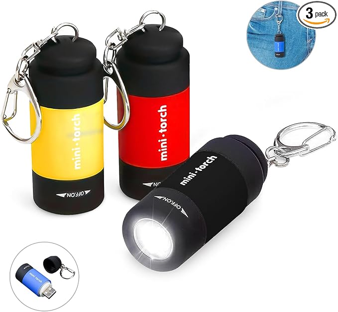 3-Pack Small Keychain Flashlights, LED Pocket Keychain Light with White Light, Waterproof USB Rechargeable Mini Flashlights in Bulk for Kids and Adults Emergency, Camping, Night Reading