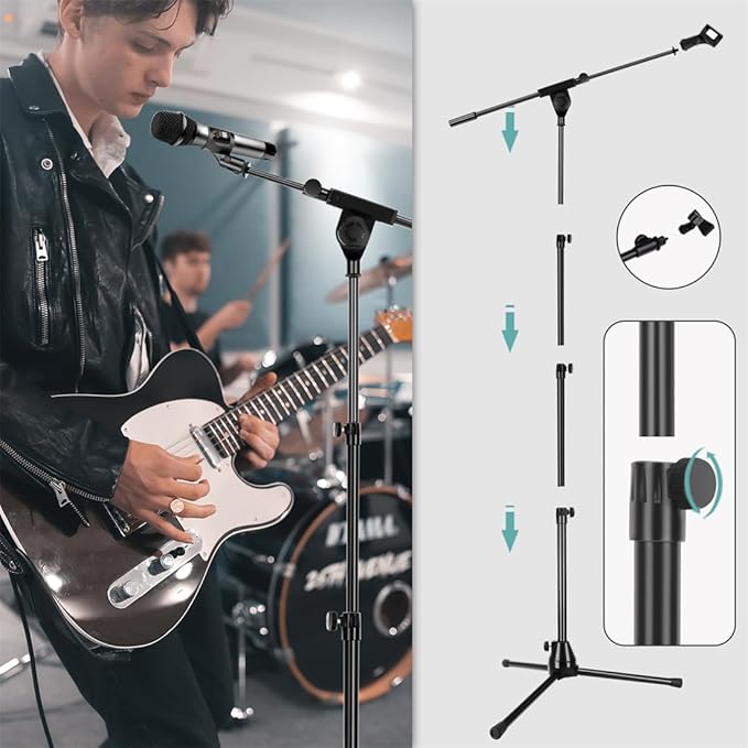Microphone Stand Floor Foldable Mic Stand Heavy Duty Tripod Boom Arm with 2 Screws Adapter 2 Mic Clips 2 Foam Covers and Carrying Bag for Singing Karaoke Stage HLS02