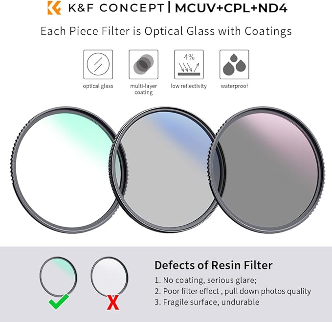 K&F Concept 72mm UV/CPL/ND Lens Filter Kit (3 Pieces)-18 Multi-Layer Coatings, UV Filter + Polarizer Filter + Neutral Density Filter (ND4) + Cleaning Cloth+ Filter Pouch for Camera Lens (K-Series)