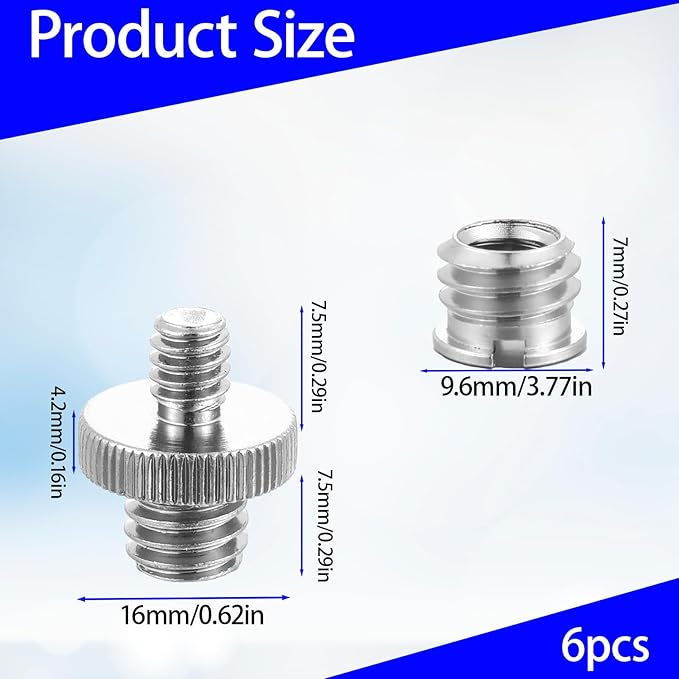 6 Pcs Tripod Adapter, 1/4 Inch to 3/8 Inch Tripod Adapter with 3/8 to 1/4 Mount Screws for Camera Monopod Light Stand Accessory Quick Release Plate
