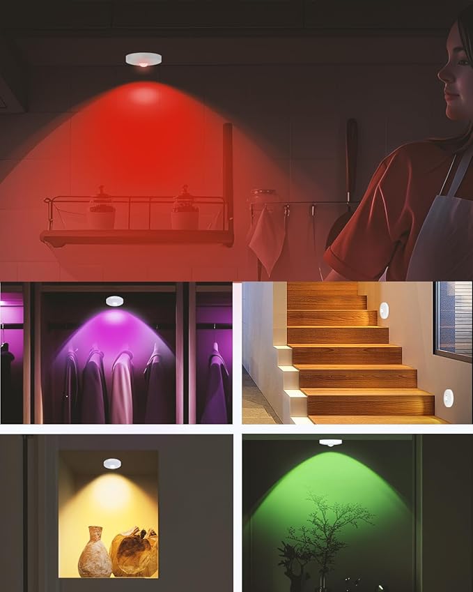 Rechargeable RGB Puck Lights with Remote Control, 1500mAh Battery Operated Push Lights, Dimmable & Timer Under Cabinet Lighting for Closet, Bedroom, Kitchen White 12Pcs