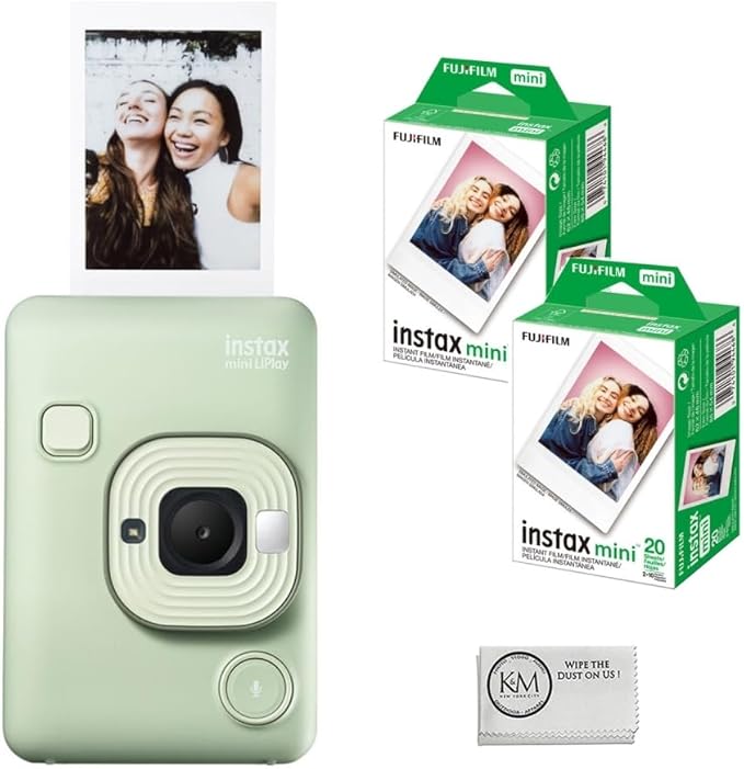 FUJIFILM INSTAX Mini LiPlay Instant Camera | Green Bundled with INSTAX Mini Instant Film | 40 Exposures + Cleaning Cloth (4 Items)