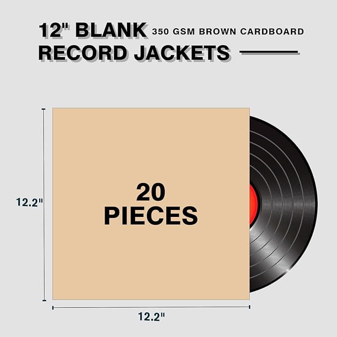 20PCS Brown 12-Inch LP Vinyl Record Jackets, 350gsm Cardboard Sleeves with No Center Hole, Blank Album Covers for 33 RPM Storage & Protection, Thick LP Jackets for Record Storage