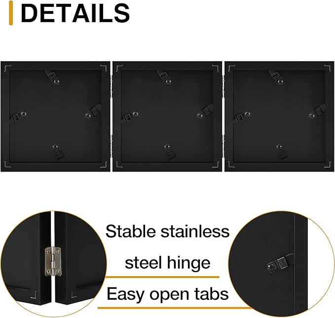 decorUhome Triple 4x4 Picture Frame Vertical, Engineered Wood Trifold Photo Frame with Plexiglass for Tabletop Display, 4x4, Black