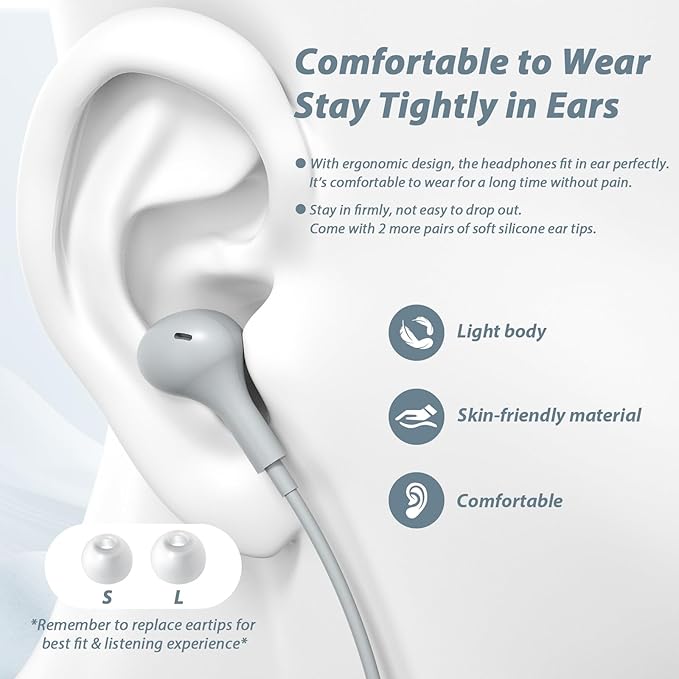 APETOO USB C Headphones for iPhone 17 16 15 Pro Max Wired Earbuds for Samsung S26 S25 S24 S23 S22 S21, Magnetic Noise Isolation in-Ear Type C Earphones with Mic Volume Control for iPad A16/Pixel, Grey