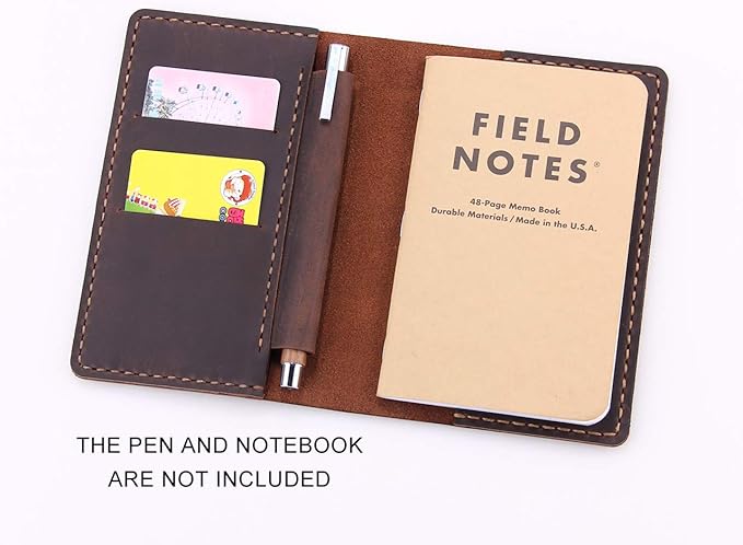 Leather Notebook Cover for Field Notes, Handmade Journal Cover for Moleskine Cahier Journal, Leather Cover with Pen Holder fits 3.5" x 5.5" Pocket Notebook - Coffee