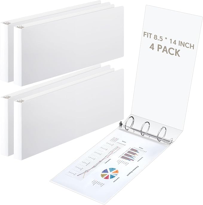 Humyoun 4 Pcs 8.5'' x 14'' Landscape 3 Ring Legal Size Binders 2 Inch Round Ring Binders Heavy Duty Economy Holds 8.5 '' x 14'' Paper for Artwork Blueprints, Office, Home, Work Places (White)