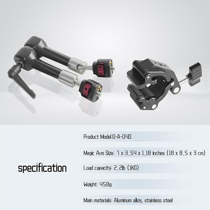 FIFIELD CNC Machined 7" Articulating Magic Arm Clamp Mount with Super Clamp, 360° Dual Ball Head & 1/4" ARRI Locating Pin&Holes, Heavy-Duty Camera Monitor Mount for Camera, Phone, LED Light, Phone,7"