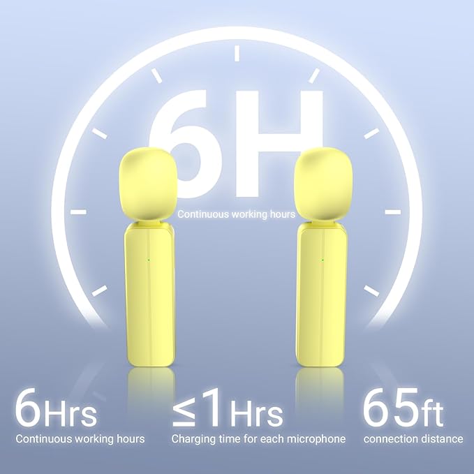 2 Pack Wireless Mini Lavalier Lapel Microphone for iPhone,Android Phone(2 in 1) - 65ft Cordless Clip on Dual Mics with Noise Reduction 6H Working Time for Video Recording Vlogging, YouTube, (Yellow)