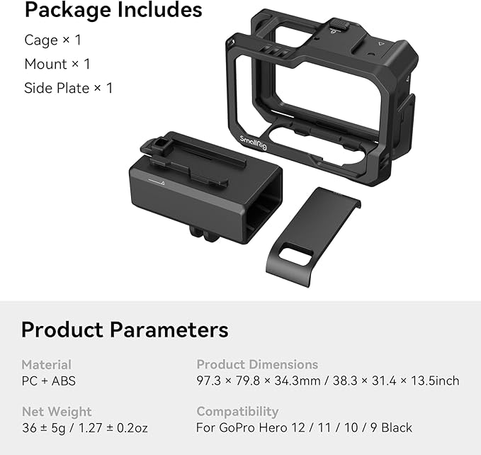 SmallRig Hero 13 / Hero12 / Hero11 / Hero 10 / Hero 9 Black Cage for GoPro, with 2 Cold Shoe Mount for GoPro Light Mod and Common Microphone, Led Video Light - 3083C