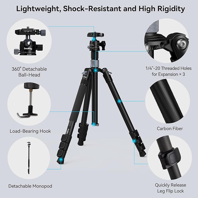SmallRig AP-20 Carbon Fiber Tripod, 62.2" Camera Tripod Monopod with Center Column, Compact Lightweight Tripods with 360° Ball Head, Payload 26.5 lbs, Quick Release Plate, for DSLR Camera - 4059