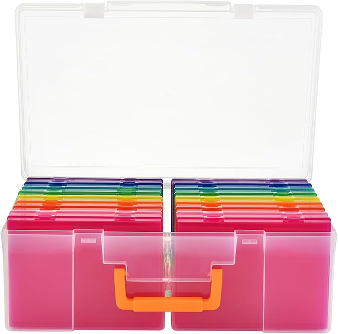 ALINK Photo Storage Box 5" x 7" with Handle, 18 pcs Inner Photo Container Organizer and Craft Keeper, Portable Picture Case with Label for Arts, Crafts, Sewing, Stickers, Office Supplies - Colored