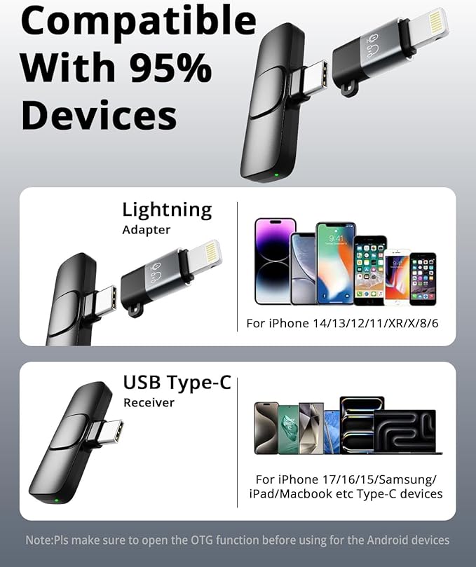 Wireless Lavalier Microphone for iPhone - Android, iPad, Tablets, Bluetooth Mini Microphone with Noise Canceling,82FT Transmission,6H Battery Life, Professional Lapel Mic for Video Recording