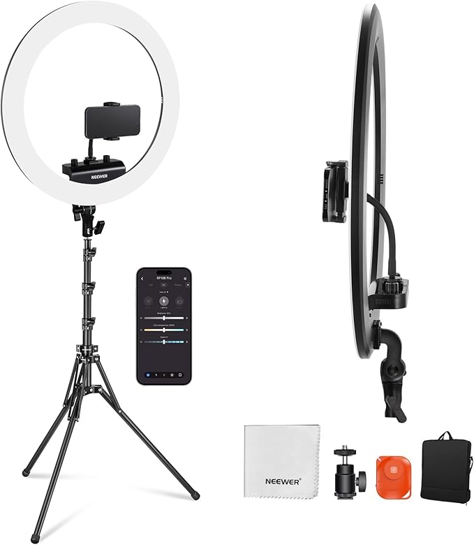 NEEWER RP18B Pro Ring Light 18" with Tripod Stand and Phone Holder Compatible with iPhone, 45W 2900K-7000K App Control Cleaning Cloth, Selfie Video Recording Makeup Studio Streaming Lighting, Black