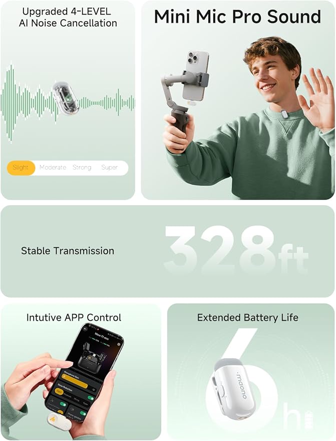 MAONO Wave T1 Mini Wireless Lavalier Microphone for iPhone 16 15, Android, Tablet, PC, Clip on Lapel Mic with USB-C Plug, Noise Cancellation, AI Voice Filter for Video Recording Vlog TikTok-White