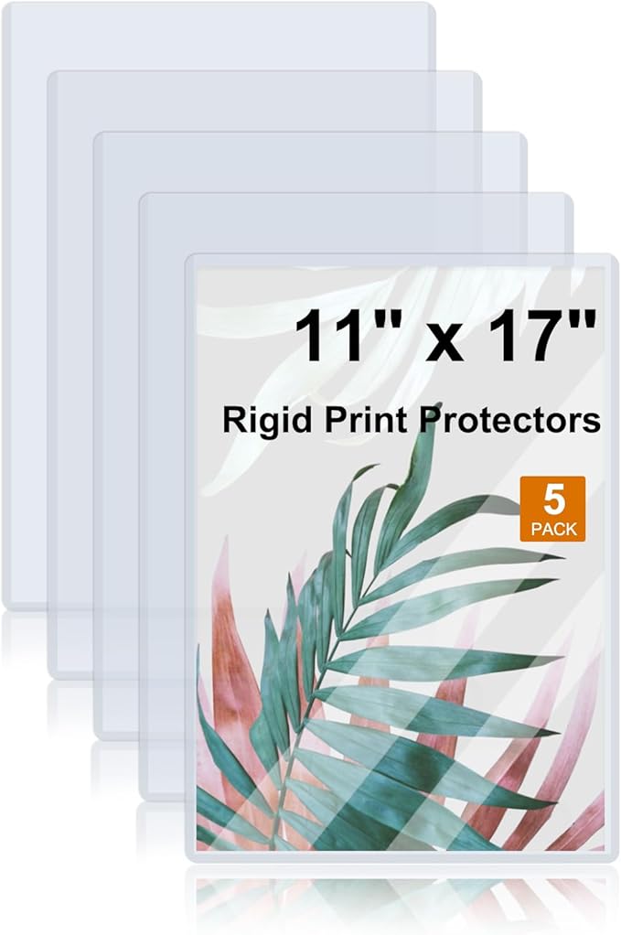 Rainmae 5 Pack 11" x 17" Rigid Print Protectors, Clear Waterproof Hard Plastic Page Sheet Protectors, Paper Sleeves Photo Plastic Sleeves Document Holder Birth Certificate Protector