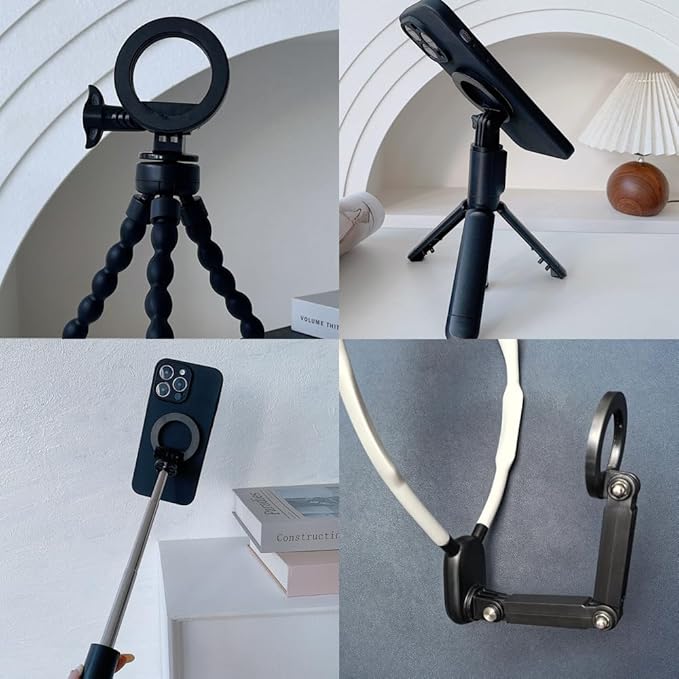 Magnetic Tripod Phone Holder Mount Adapter for MagSafe iPhone Gopro Jaws Flex Clamp Mount Action Camera Tripod Wrist Strap Mounts Selfie Stick Chest Mount Harness Backpack Mounting Clip