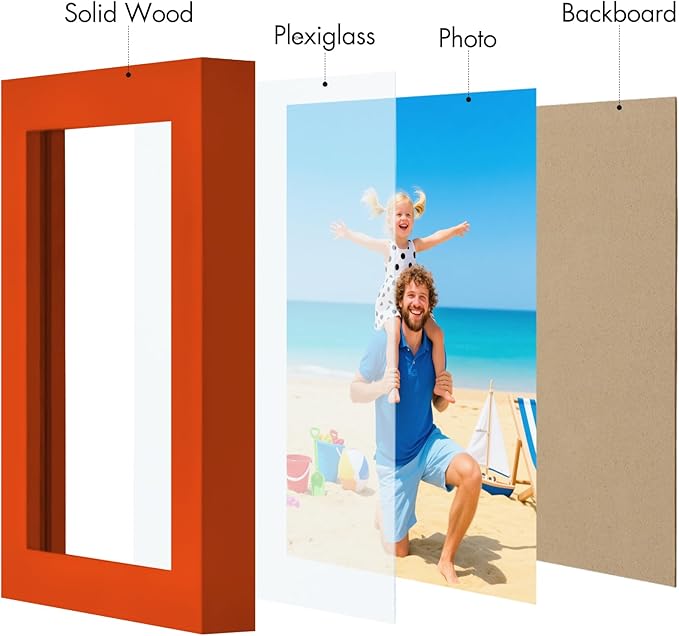 Vittanly 4x6 Picture Frame, Made of Solid Wood and Shatterproof Plexiglass, Wooden Photo Frame for Wall Mounting or Tabletop Display, Picture Frame for Home Decor with Stand, Orange, 1 Pack