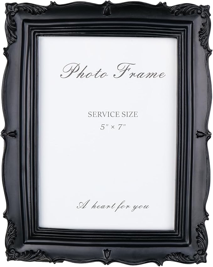 Cuspin Black Vintage Picture Frame 5x7, Gothic Frams Handmade Resin Photo Frame with Carved Texture & Glass Front for Tabletop Display or Wall Hanging, Black Home Decor