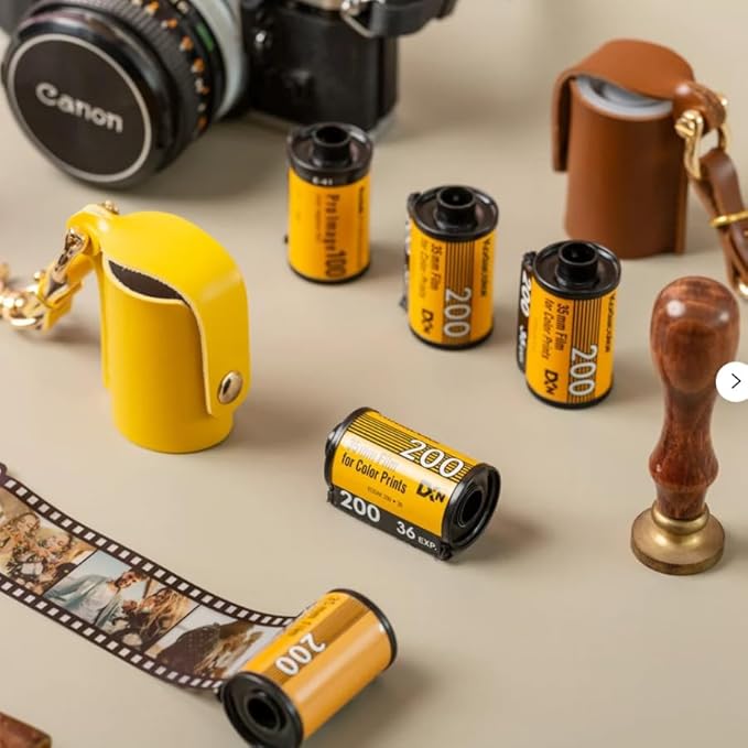 ZVZKC Leather 35mm Film Case Keychain, 35mm Film Holder Film Canisters with Caps for Film Photography & Gifts, H 1.96inch / 5cm (Yellow)