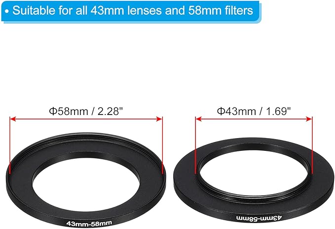 PATIKIL 43mm-58mm Metal Step Up Ring with Cleaning Cloth, 2 Pack Camera Lens Filter Adapter Ring Aluminum Filter Adapter Ring for Camera Lenses Hood, Black