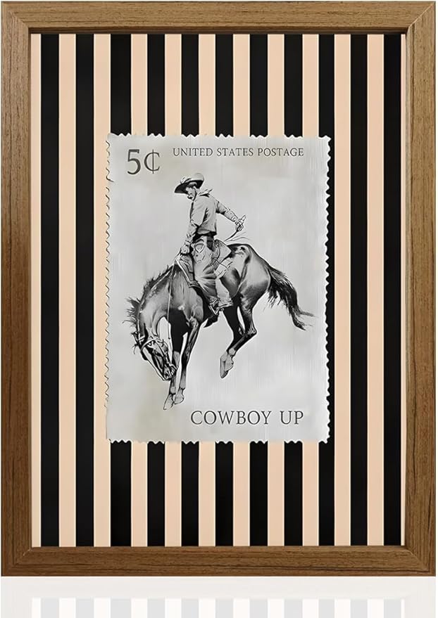 Cowboy Wall Art Framed Poster 8x10in Western Vintage Stamp Decor Rustic Farmhouse Cowboy Print Wooden Frame Picture for Bedroom Living Room Office, Desk or Wall Display with Stand & Hook, Waterproof Fade-Resistant