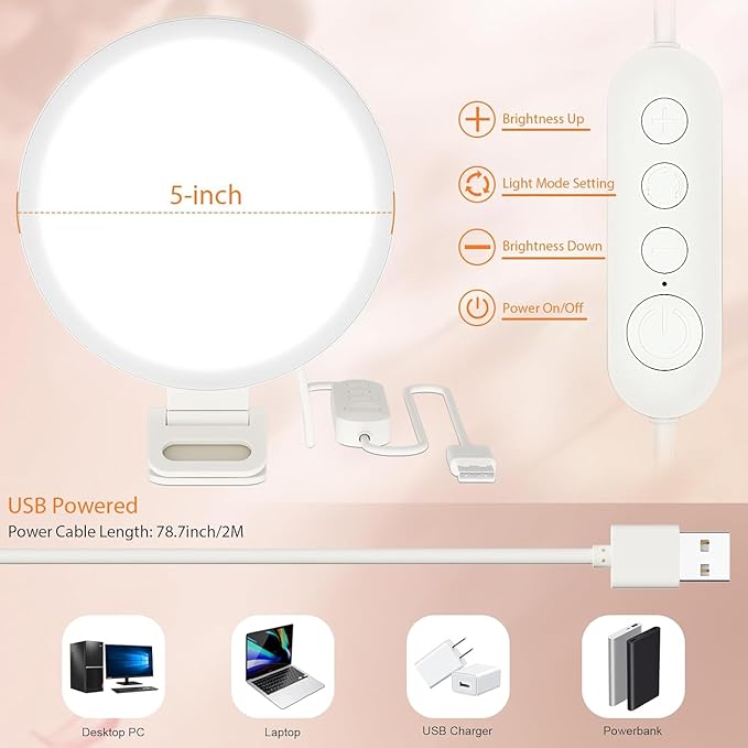 5-Inch Clip-On Video Conference Light, Side-Emitting LED Laptop Ring Light with 3 Color Modes & 10 Brightness Levels, USB Powered for Zoom, Streaming, Photography